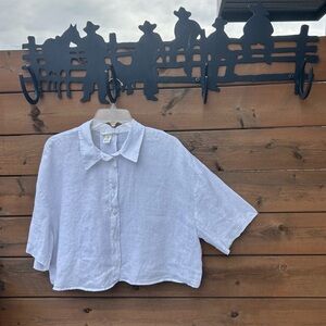 260.H&M Women’s Cropped White Linen Button-Up Short-sleeves  Shirt